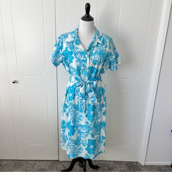 Vintage Blue Tropical Print Short Sleeve Summer Dress 70s - Picture 2 of 6